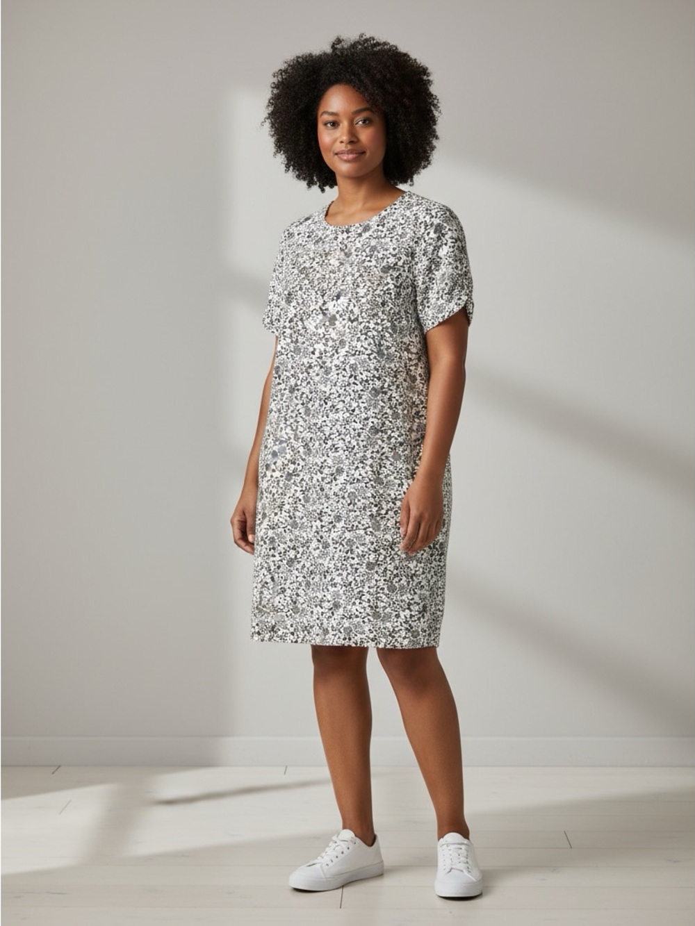 LOFT Womens Size 12 Linen Blend Floral Shift Dress White Black Puff Sleeve